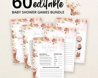 Ensemble de jeux modifiables pour baby shower sur le thème des petites cowgirls, jeu de baby shower Far West, jeu de baby shower cowboy à fleurs roses, bébé rodéo, BBS710