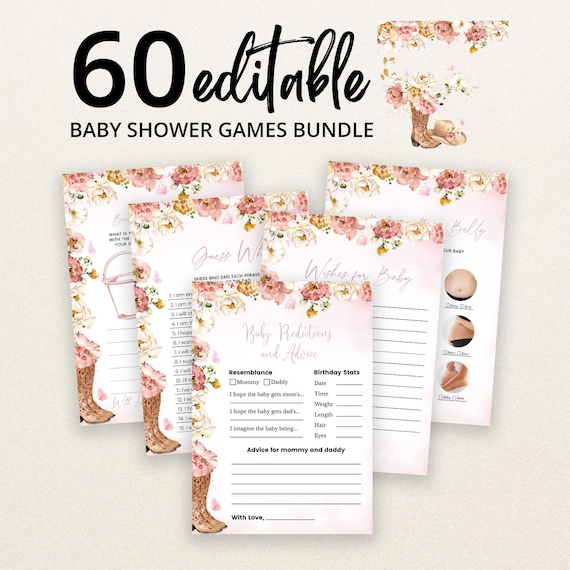 Editable A Little Cowgirl Baby Shower Game Bundle, Wild West Baby Shower Game Pack, Pink Floral Cowboy Shower Games, Rodeo Baby, BBS710