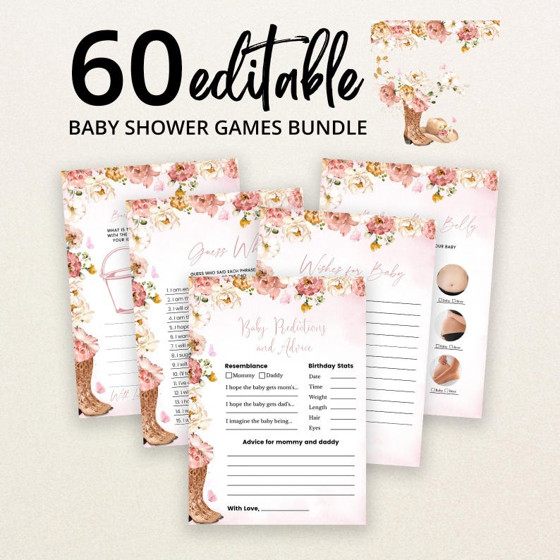 Op de afbeelding: Een bundel van 60 bewerkbare babyshower-spelkaarten met bloemaccenten en cowboylaarzen. De kaarten bevatten titels zoals Baby Predictions and Advice, Guess Who en Wishes for Baby, met roze aquarelachtergronden en zwarte tekst.