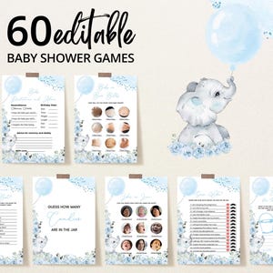 Editable Blue Floral Boy Elephant Baby Shower Game Bundle, Blue Elephant Baby Shower Game Pack, Blue Balloon Elephant Games, BBS367