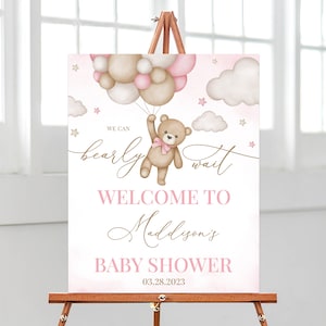 Bearbeitbares Braunbär-Ballon-Babyparty-Willkommensschild, Wir können Bären-Babyparty-Plakat warten, rosa Boho-Bärnmädchen-Babypartydekor, BBS389