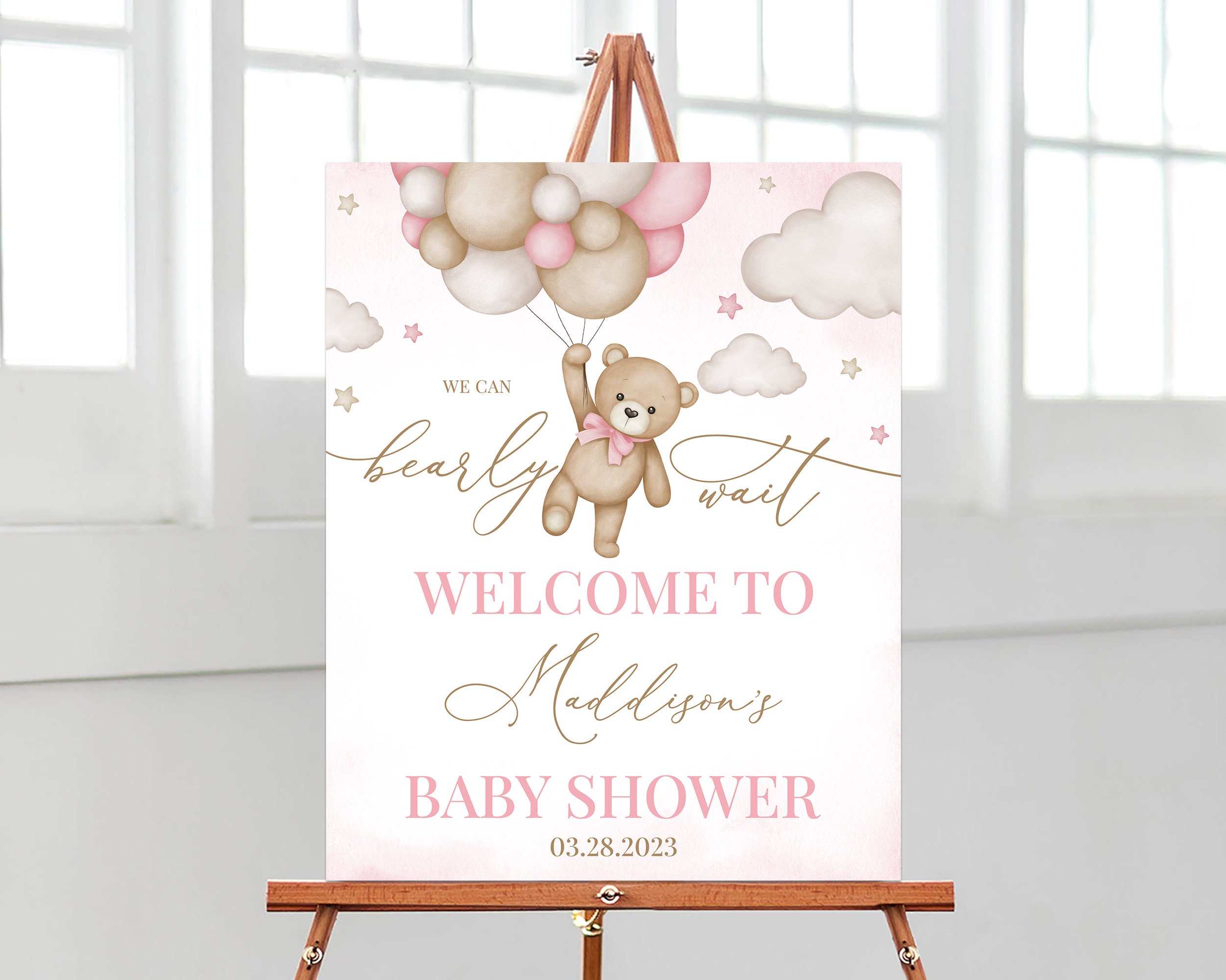 Editable Brown Bear Balloon Baby Shower Welcome Sign, We Can Bearly Wait Baby Shower Poster, Pink Boho Bear Girl Baby Shower Decor, BBS389