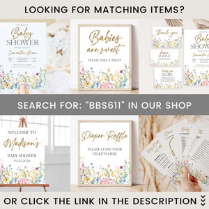Puede incluir: Una colecci&oacute;n de papeler&iacute;a para baby shower con dise&ntilde;os florales. Incluye letreros, tarjetas de agradecimiento, boletos de rifa y tarjetas de juegos para baby shower. El texto incluye "Baby Shower", "Babies are sweet" y "Diaper Raffle". Busca "BBS611" en la tienda.