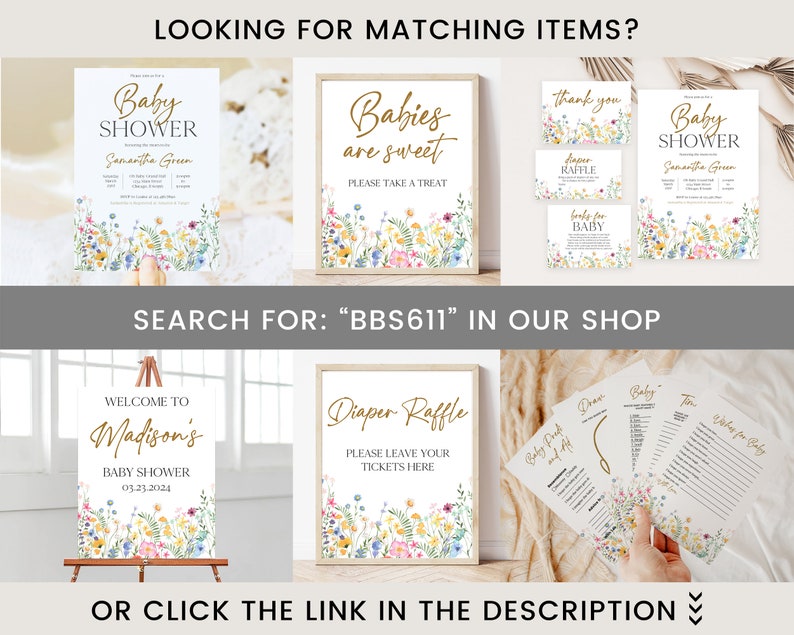 Puede incluir: Una colecci&oacute;n de papeler&iacute;a para baby shower con dise&ntilde;os florales. Incluye letreros, tarjetas de agradecimiento, boletos de rifa y tarjetas de juegos para baby shower. El texto incluye "Baby Shower", "Babies are sweet" y "Diaper Raffle". Busca "BBS611" en la tienda.