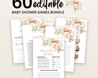 Könnte beinhalten: Ein Set aus 60 bearbeitbaren Babyparty-Spielkarten mit Blumenillustrationen in Pfirsich-, Creme- und Grüntönen. Die Karten enthalten Titel wie Baby Predictions and Advice, Guess Who und Bucket List mit Linien zum Ausfüllen.