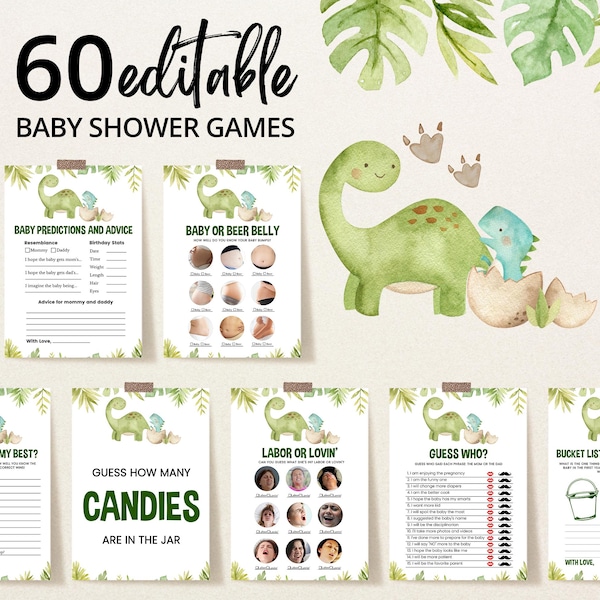Bearbeitbares Dinosaurier-Babyparty-Spielpaket, Boho Greenery Dinosaurier-Babypartyspiele, Jungen-Dinosaurier-Spielpaket, Es ist ein Jungen-Dinosaurier, BBS306