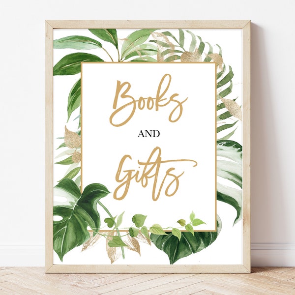 Books and Gifts Sign Tropical Baby Shower, Green Leaves Baby Shower Gifts Sign, Neutral Greenery Gold Baby Shower Decor, BBS161