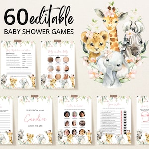 Redigerbart A Little Wild One Girl Jungle Baby Shower-spelpaket, Grönt, Blommigt, Safari, Djungeldjur, Baby Shower-spel, BBS393
