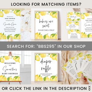Op de afbeelding: Citroen-thema baby shower printset met een welkomstbord, luierspelbord, uitnodiging, bedankkaart en spelkaarten. De set bevat aquarelcitroenen en groen.