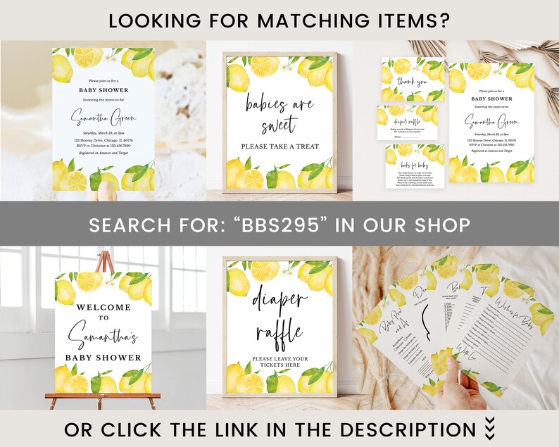 Op de afbeelding: Citroen-thema baby shower printset met een welkomstbord, luierspelbord, uitnodiging, bedankkaart en spelkaarten. De set bevat aquarelcitroenen en groen.