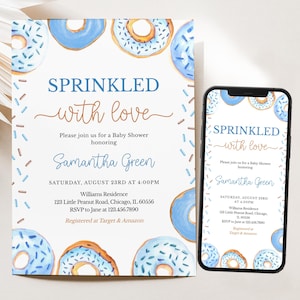 Invito modificabile Blue Donuts Baby Sprinkle, invito baby shower Boy Donuts, invito shower Sprinkled with Love, Baby Shower Donuts, BBS969