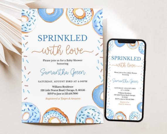 Editable Blue Donuts Baby Sprinkle Invitation, Boy Donuts Baby Shower Invite, Sprinkled with Love Shower Invite, Donuts Baby Shower, BBS969