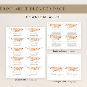 May include: Printable baby shower game templates, including diaper raffle, books for baby, and thank you cards. Each template features floral watercolor designs in pink, peach, and gold. The text includes "Print Multiples Per Page" and "Download as PDF."