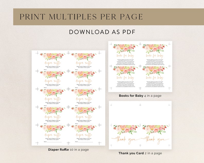 May include: Printable baby shower game templates, including diaper raffle, books for baby, and thank you cards. Each template features floral watercolor designs in pink, peach, and gold. The text includes "Print Multiples Per Page" and "Download as PDF."