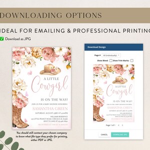 May include: A printable baby shower invitation with a pink and white floral design. The text reads "A Little Cowgirl is on the Way!" and includes the name Samantha Green.