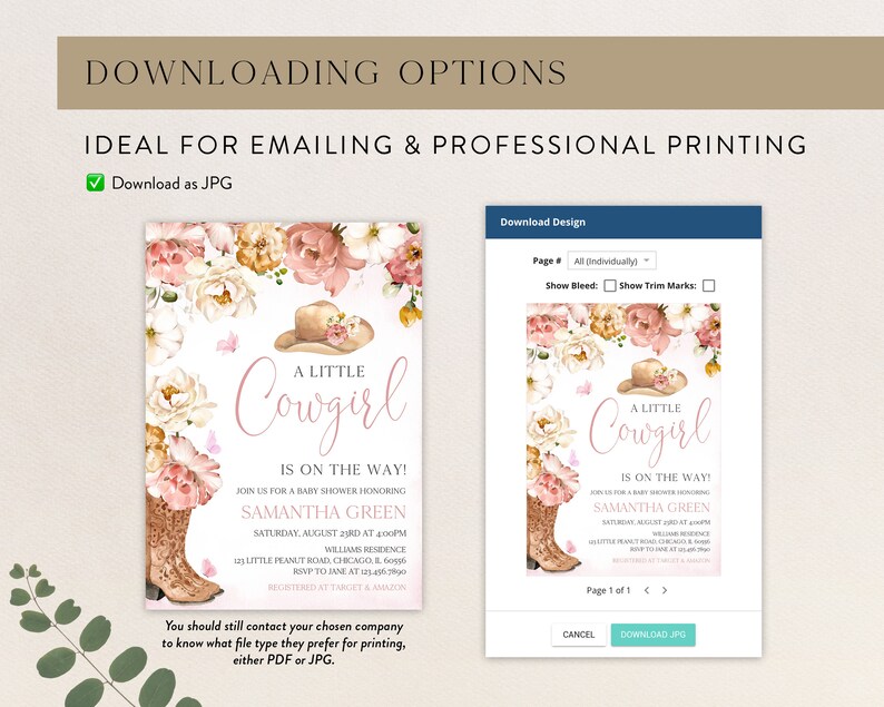 May include: A printable baby shower invitation with a pink and white floral design. The text reads "A Little Cowgirl is on the Way!" and includes the name Samantha Green.