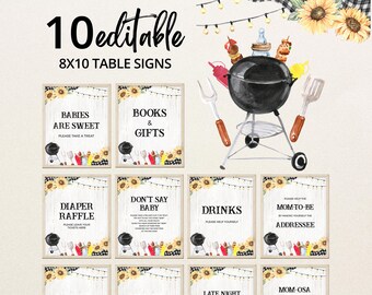 Peut inclure: Dix pancartes de table imprimables de 20,3 x 25,4 cm sur le thème du barbecue. Les pancartes présentent une illustration aquarelle d'un barbecue, de nourriture et de tournesols. Les pancartes comportent du texte qui dit "Les bébés sont doux", "Livres et cadeaux", "Tombola de couches", "Ne dites pas bébé", "Boissons", "Veuillez aider la future maman", "Mom-osa", et "Tard dans la nuit".