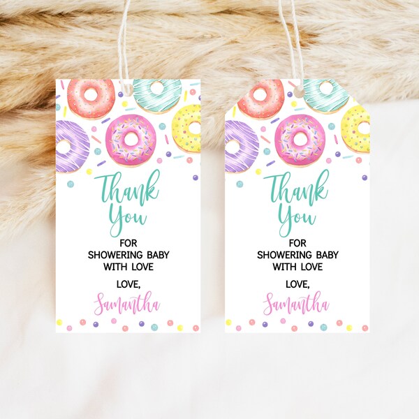 Editable Donuts and Diapers Baby Shower Favor Tag, Girl Donuts Baby Shower Thank You Tag, Sweets Sprinkle Donuts Party Favors, BBS160