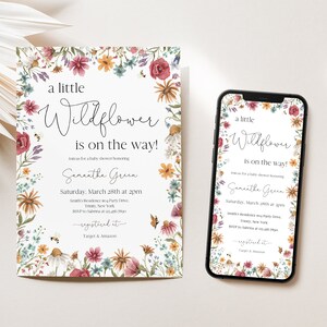 May include: A baby shower invitation with a floral border. The text reads "a little Wildflower is on the way!" Join us for a baby shower honouring Samantha Green. Saturday, 28th March at 2pm. Samantha's Residence, 123 Party Drive, Trinity, New York. RSVP to Sabrina at 555-555-5555. Registered at Target & Amazon.