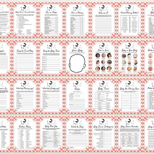 May include: A set of 20 printable baby shower game cards with a pink and white gingham pattern. The cards feature various baby shower games such as "Baby Trivia", "Who Am I?", "Baby Food Taste Test", and "What Did Mommy Say?"
