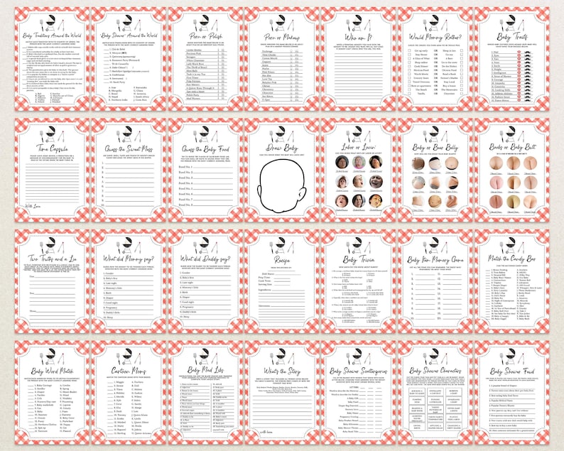 May include: A set of 20 printable baby shower game cards with a pink and white gingham pattern. The cards feature various baby shower games such as "Baby Trivia", "Who Am I?", "Baby Food Taste Test", and "What Did Mommy Say?"