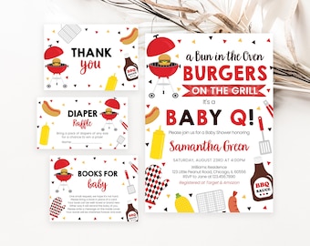 Editable BBQ Baby Shower Invitation Bundle, Backyard Baby Shower Invite, Baby-q Baby Shower, Bun in the Oven and Burger on the Grill,BBS1039