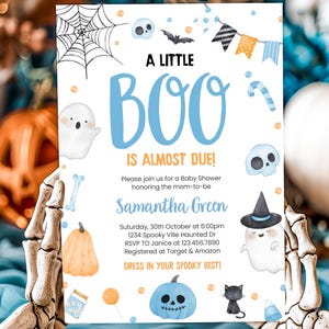 Editable Blue A Little Boo Baby Shower Invitation, Boy Halloween Baby Shower Invite, Ghost Halloween Baby Shower Invite, BBS496
