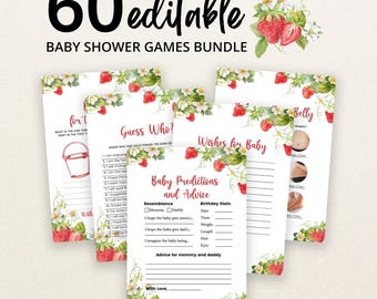 May include: A bundle of 60 editable baby shower game cards featuring a strawberry and white flower botanical theme. The cards include titles like Baby Predictions and Advice, Guess Who, and Wishes for Baby, with printed lines for writing responses.
