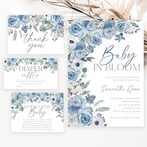 Pacchetto di inviti per baby shower modificabili per bambino Baby in Bloom, pacchetto di inviti per baby shower con fiori primaverili blu, baby shower con fiori di campo per bambino, BBS603