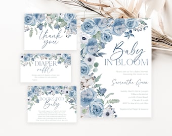 Editable Boy Baby in Bloom Baby Shower Invitation Bundle, Blue Spring Flowers Baby Shower Invite Pack, Boy Wildflower Baby Shower, BBS603