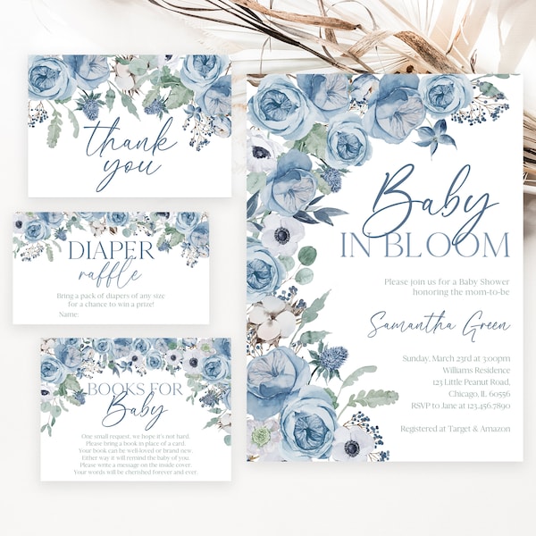 Editable Boy Baby in Bloom Baby Shower Invitation Bundle, Blue Spring Flowers Baby Shower Invite Pack, Boy Wildflower Baby Shower, BBS603