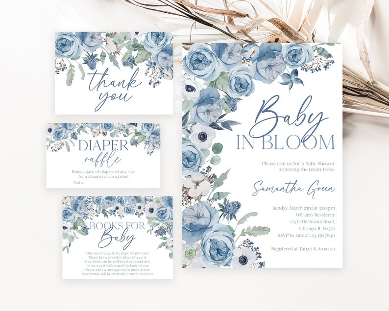 May include: Blue and white floral baby shower invitation with the text "Baby in Bloom" and the name "Samantha Green". The invitation includes the date, time, and location of the shower. It also includes the text "RSVP to Jane at 123-456-7890" and "Registered at Target & Amazon".