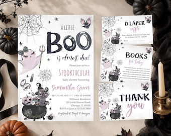 Editable Purple Girl Spooky Ghost Halloween Baby Shower Invitation Bundle, Spooktacular Baby Shower, Little Boo Baby Shower Invite, BBS776