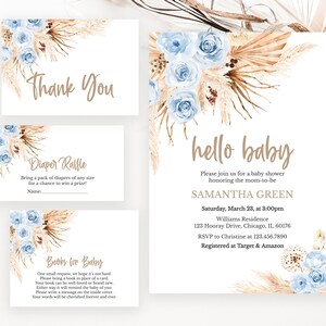 Editable Blue Pampas Grass Boho Baby Shower Invitation Bundle, Boy Boho ...
