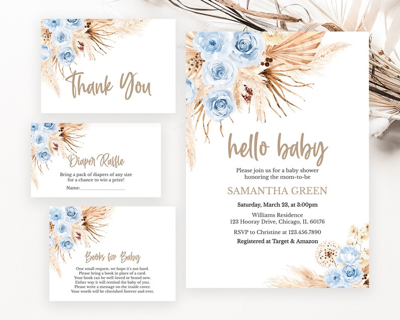 Editable Blue Pampas Grass Boho Baby Shower Invitation Bundle, Boy Boho ...