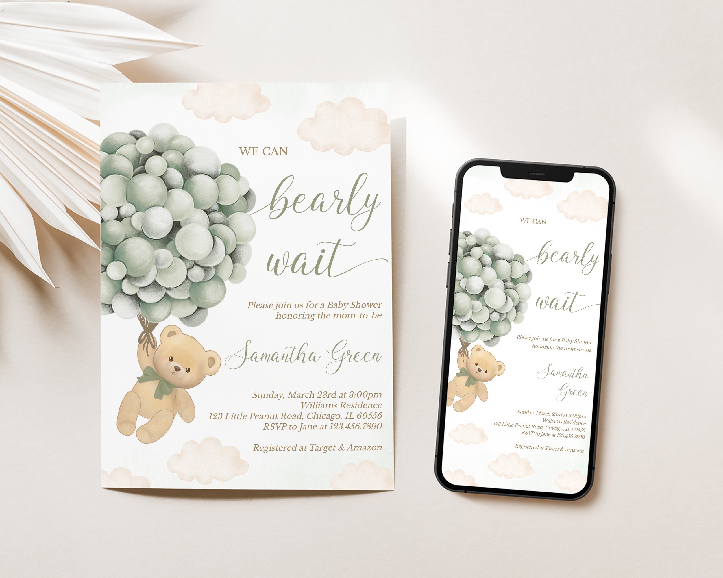 Editable Green Bear Balloon Baby Shower Invitation, We Can Bearly Wait ...