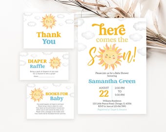 Lot d'invitations modifiables pour baby shower soleil, invitation à une baby shower, Here Comes the Son, Boy Sonshine Shower, Boho Sunshine Shower, BBS1007