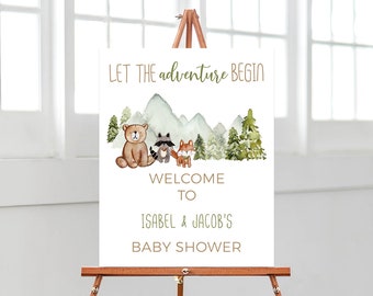 Editable Let the Adventure Begin Woodland Baby Shower Welcome Sign, Woodland Baby Shower Poster, Boy Adventure Baby Shower Decor, BBS392