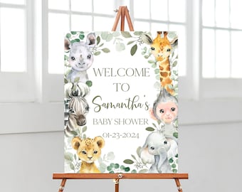 Editable Es un cartel de bienvenida de baby shower de Safari para niños, cartel de baby shower de Safari Jungle, decoración de baby shower de animales de Safari verde, BBS730