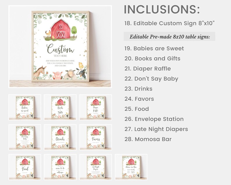 Puede incluir: Conjunto imprimible de 10 carteles tem&aacute;ticos de granja para una fiesta de bienvenida al beb&eacute;. Los carteles presentan un granero rojo con una cruz blanca, follaje verde y animales de granja. Los carteles son editables y se pueden usar para una variedad de prop&oacute;sitos, como un cartel de bienvenida, un cartel de rifa de pa&ntilde;ales o un cartel de comida.