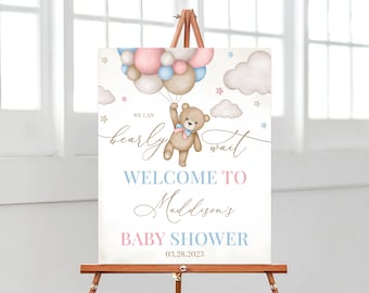 Editable Gender Revel Bear Baby Shower Welcome Sign, Girl Boy We Can Bearly Wait Shower Poster, Pink Blue Boho Bear Shower Decor, BBS824