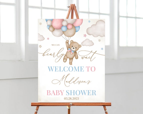 Editable Gender Revel Bear Baby Shower Welcome Sign, Girl Boy We Can Bearly Wait Shower Poster, Pink Blue Boho Bear Shower Decor, BBS824