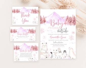 Pacote de convites para chá de bebê editável Pink Baby It's Cold Outside, pacote de convites para chá de bebê de inverno Arctic Animals, menina Arctic, BBS553