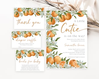 Editable Little Cutie Baby Shower Invitation Bundle, Orange Baby Shower Invite, Gender Neutral Orange Citrus Baby Shower Invite, BBS691