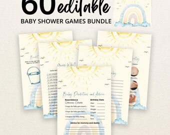 Könnte beinhalten: Ein Set aus 60 bearbeitbaren Babyparty-Spielkarten mit einem Aquarell-Design aus Sonne, Regenbogen und Wolken. Die Karten enthalten Titel wie Baby Predictions and Advice, Guess Who und Bucket List mit schwarzem Text auf cremefarbenem Hintergrund.