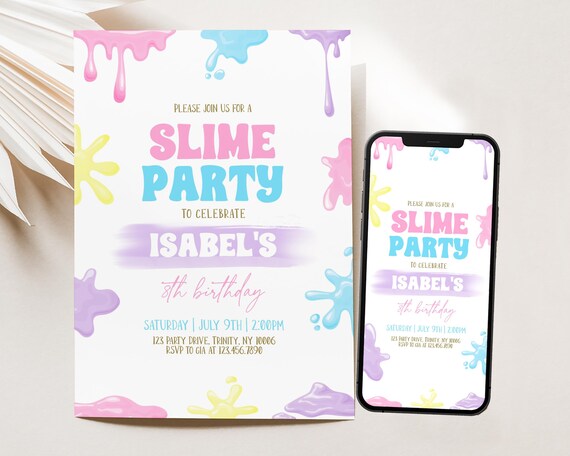 Editable Slime Birthday Party Invitation, Play with Slime Birthday Party Invite, Pastel Rainbow Slime Birthday Mobile Invitation, BRT369