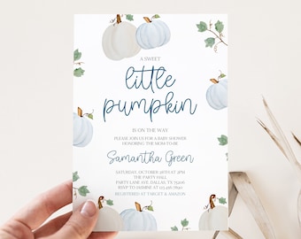 May include: Baby shower invitation with watercolor pumpkins in white and light blue. The text reads "A Sweet Little Pumpkin" in a whimsical font, with details about the event and the mom-to-be.