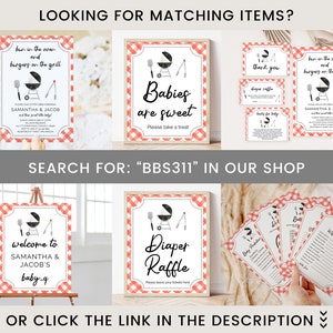 May include: A set of printable baby shower signs with a barbecue theme. The signs feature a red and white gingham pattern and black and white illustrations of a grill, utensils, and the text "Babies are sweet".