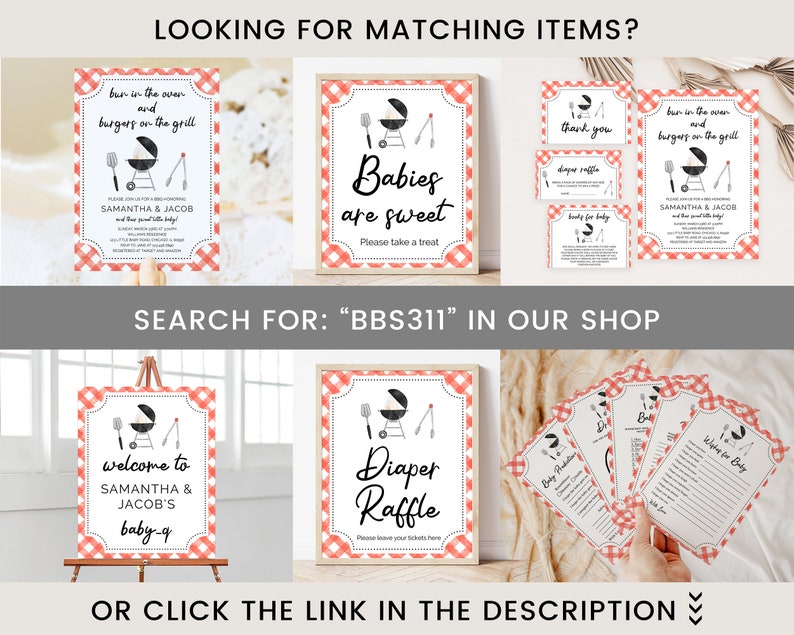 May include: A set of printable baby shower signs with a barbecue theme. The signs feature a red and white gingham pattern and black and white illustrations of a grill, utensils, and the text "Babies are sweet".