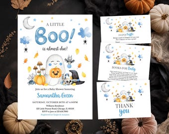 May include: A baby shower invitation set featuring a white ghost holding a pumpkin, a black witch hat, and blue text reading A LITTLE Boo is almost due. The set includes a diaper raffle card, a books for baby card, and a thank you card.